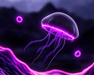 Naklejka premium A mesmerizing glowing jellyfish floating in dark waters, showcasing vibrant colors.