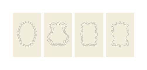 Vector set of line floral wreath. Decorative frame with minimalistic flowers branches and template text. Botanical elements perfect for invitation wedding and birthday party cards