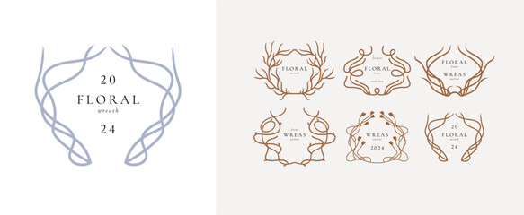 Vector set of line floral wreath. Decorative frame with minimalistic flowers branches. Botanical elements perfect for invitation wedding cards