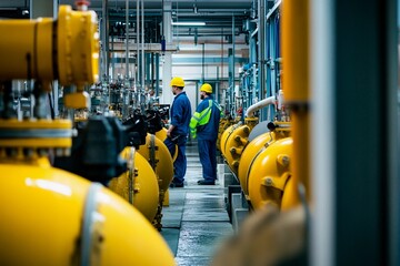 Fototapeta premium Workers in a modern industrial facility engage in teamwork among bright yellow storage tanks