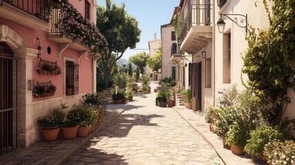 Sunlit Mediterranean Village Street with Pink and White Buildings