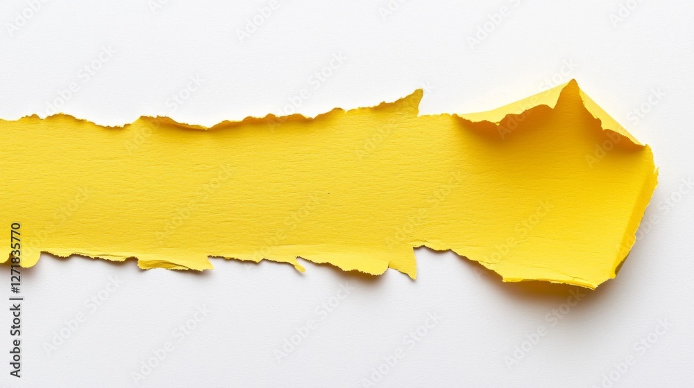 Poster bright yellow strips of paper with irregular, torn edges lay on a clean surface, creating a vibrant 