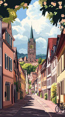 Fototapeta premium cityscape, tourism, touristic, destination, black forest, Illustration, Cityscape of Freiburg im Breisgau in Germany, the capital city of the black forest. touristic advertisement poster, beautiful to