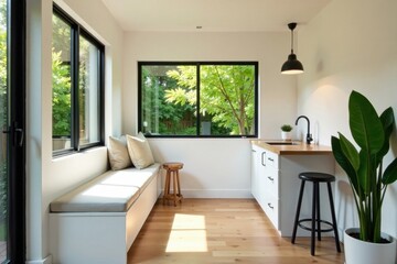 Fototapeta premium Sunlit Modern Interior Design Featuring Built-In Window Seat and Minimalist Kitchenette
