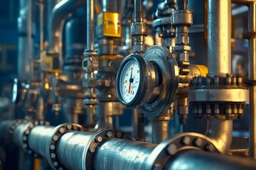 Fototapeta premium Pressure gauge displays readings amidst complex industrial piping in a bustling factory
