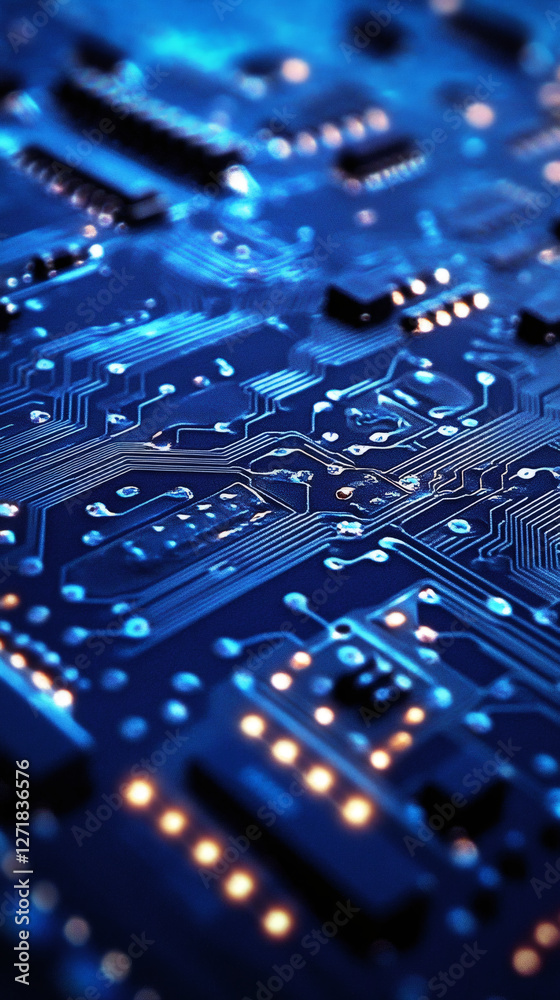Poster glowing blue-illuminated circuit board revealing complex electronic pathways and interconnected tech