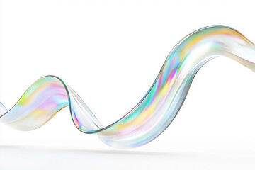 Iridescent glass wave. Abstract neon curved shape on white background. 3d render trendy natural form.