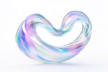 Iridescent glass circle. Abstract neon curved shape on white background. 3d render trendy natural form.