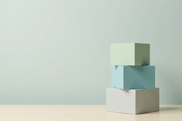 Pastel-colored cubes stacked on a light wooden surface against a muted green background, a minimalist still life composition.