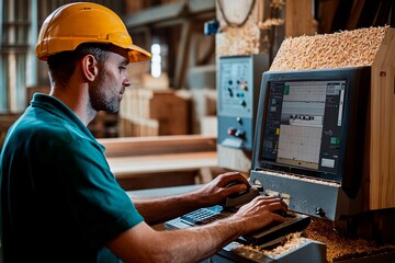 Skilled worker operates advanced machine in wooden furniture workshop during daylight hours