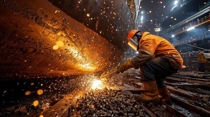 A man in a yellow jacket is working on a ship