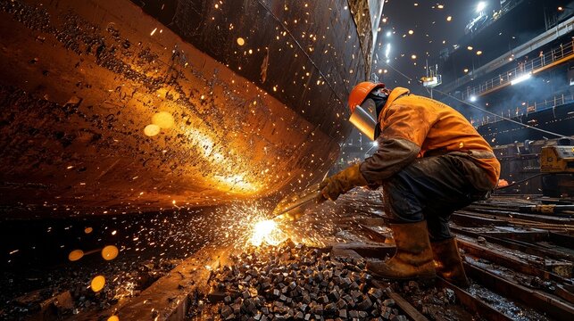 A man in a yellow jacket is working on a ship