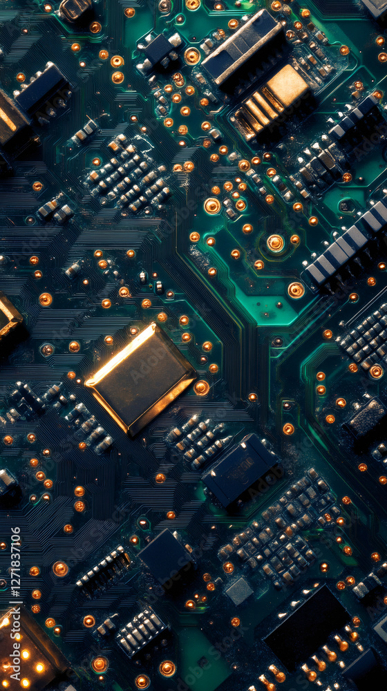 Poster close-up of a green electronic circuit board, highlighting various components and complex connection