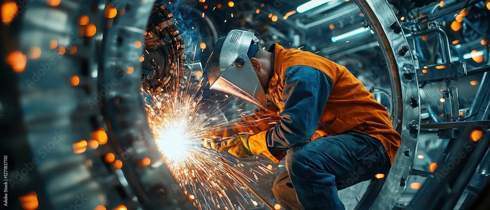 Poster a man in a yellow jacket is working on a machine with sparks flying