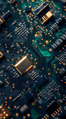 Obraz premium Close-up of a green electronic circuit board, highlighting various components and complex connections, representing modern technology