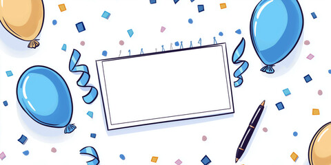 Flat-lay doodle style illustration of a birthday party invitation desk with printed cards, confetti, a pen, and doodle-style ribbons and balloons.