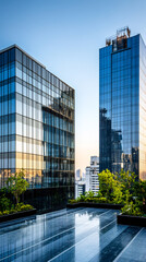 Obraz premium Rooftop garden featuring verdant greenery, glass skyscrapers reflecting golden sunset light in urban business environment