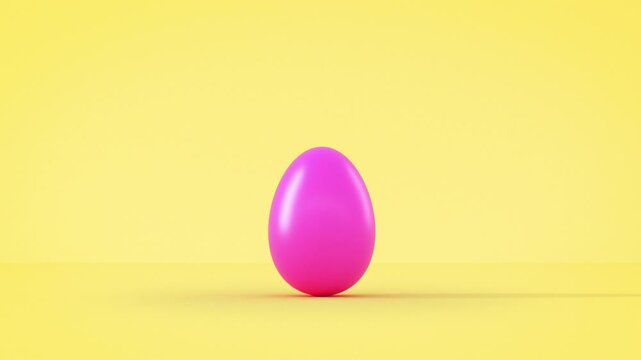 Easter Egg Rolling and Breaking into Pieces 3d Animation. Single Pink Egg Exploding on Yellow Background with Alpha Mask for Objects and Text Inside. Easter Holiday Illustration Concept 4k.