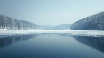 Frozen lake, winter landscape, snowy trees, serene reflection