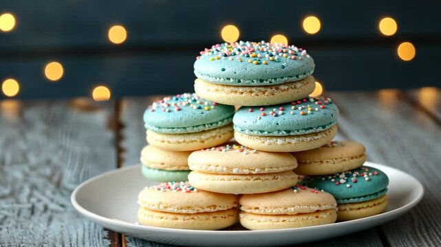Stack of Macarons with Sprinkles on Plate, Blurred Lights Background. Sweet Dessert for Celebration