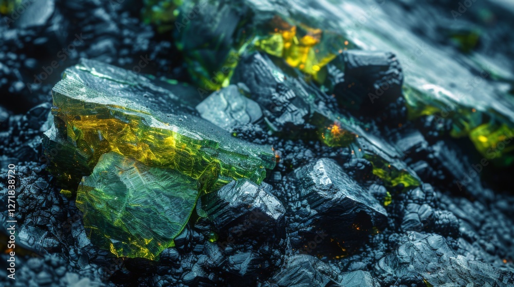 Aufkleber glimmering crystals in shades of green and black rest on a dark, textured surface, illuminated by so