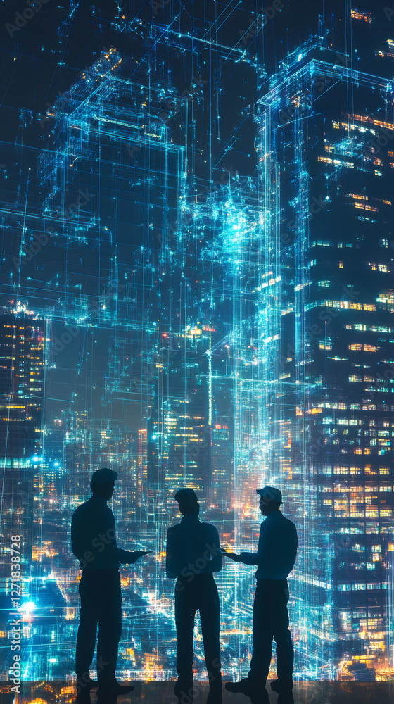 Poster Silhouetted engineers discussing holographic projection of a smart city infrastructure, featuring interconnected networks and data flow