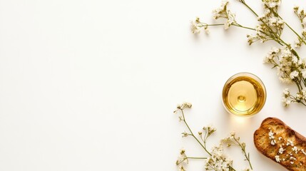 religious event invitation, an inviting holy thursday postcard with delicate floral elements surrounding a simple chalice and bread illustration space for a quote or message