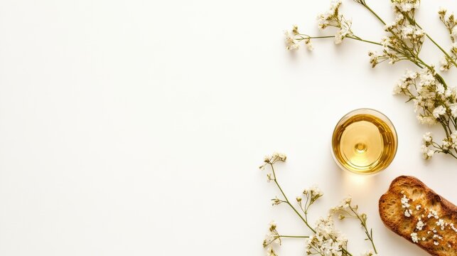 religious event invitation, an inviting holy thursday postcard with delicate floral elements surrounding a simple chalice and bread illustration space for a quote or message