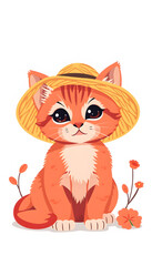 Fototapeta premium Cute red kitten wearing a straw hat. Summertime concept. Horizontal banner, flat papercut style. White tone