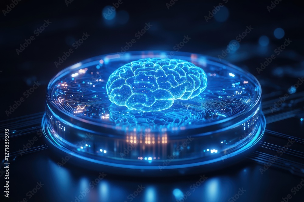 Poster artificial intelligence brain glowing on futuristic circuit board