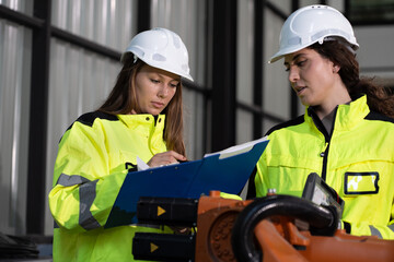 Two Caucasian engineer use clipboard checking arm robot in factory	