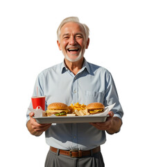  happy old man holding a tray of fast food isolated on white