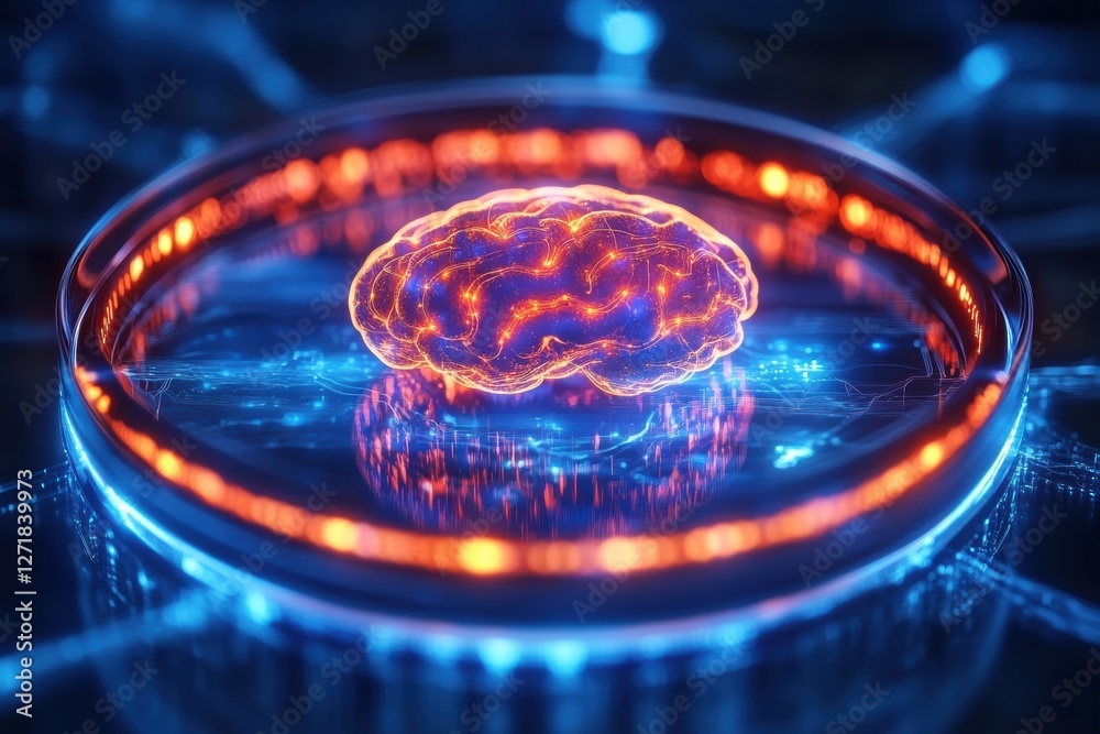 Poster artificial intelligence: glowing digital brain floating in futuristic cyberspace
