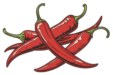  Vibrant red chili peppers, glossy skin, green stems, sharp focus, white background, food photography, high contrast, fresh produce, spicy ingredients, culinary still life, macro detail, overlapping