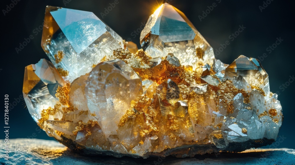 Aufkleber a stunning cluster of quartz crystals with golden highlights is illuminated, showcasing intricate de