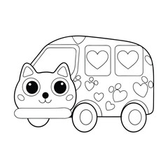 A fluffy cat van decorated with hearts and paw prints for a coloring book
