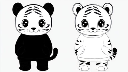 Obraz premium Cute cartoon tigers, black and white drawing, wearing hoodies, side by side