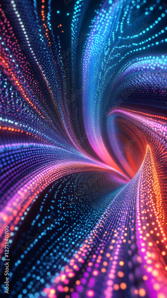 Poster Swirling vortex of colorful particles flowing in digital space, creating an abstract and dynamic visual effect