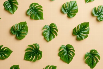 Green tropical leaves arranged on a light background showcasing a vibrant nature inspired pattern. Generative AI