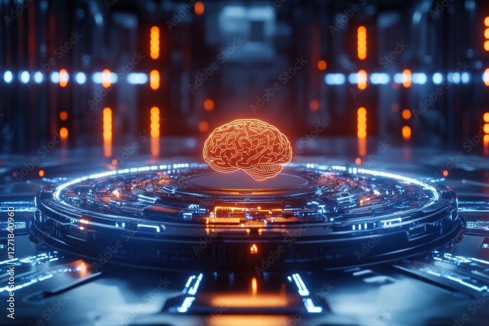Poster glowing brain hologram floating on futuristic circuit board