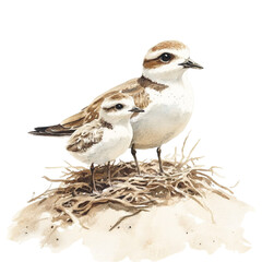 Watercolor painting of a parent and baby bird nestled in a sandy nest serene and peaceful scene