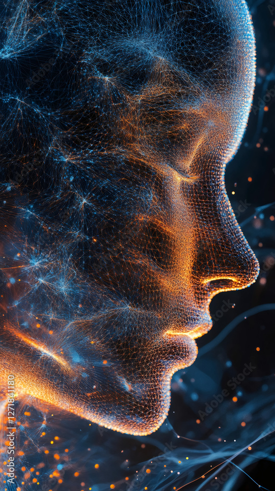 Aufkleber Artificial intelligence forming from glowing network grid and particles, representing machine learning and neural networks