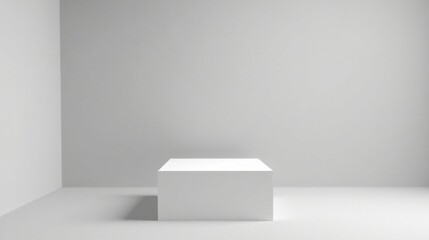 A simple white cube sits centrally in a minimalist room, offering a clean and uncluttered space perfect for showcasing products or displaying artwork