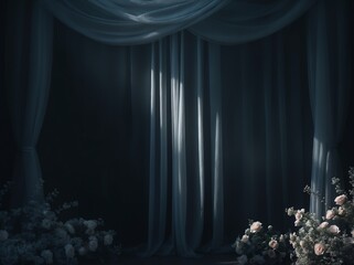 Dark Jet black Dreamy Wedding maternity engagement studio photo backdrop banner background with curtains and delicate rustic flowers