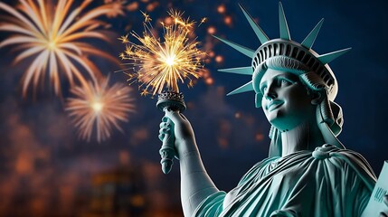 Obraz premium Majestic Statue with Glowing Sparkler Against Fireworks at Night