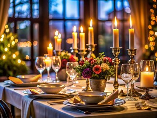 Elegant Restaurant Table Setting with Candles, High Depth of Field, Selective Focus