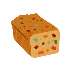 Isolated candied fruit cake. Colorful hand drawn element with textures in flat style on white background. Vector illustration. Delicious dessert.