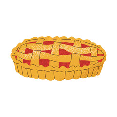 Isolated hand made pie with red jam. Drawing design element with grunge and noise textures in flat style on white backdrop. Vector illustration. Sweet food.