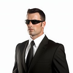 Serious Bodyguard in Sunglasses Looking Left in Medium Shot Against White Background