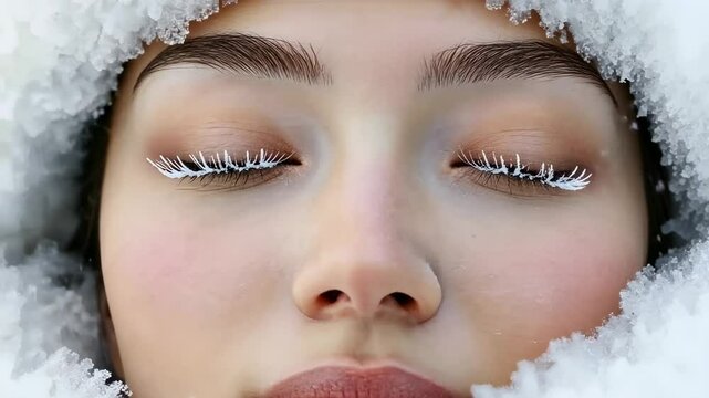 Woman&rsquo;s frosted face close-up, eyes closed; winter outdoor setting, snowing; beauty concept